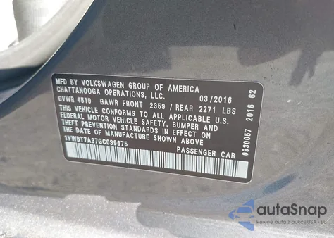 2016 Volkswagen Passat 1.8T Se z USA, uszkodzony, nr VIN 1VWBT7A37GC039675